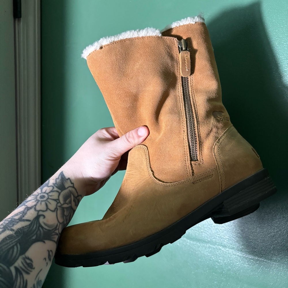 Sorel Women’s 10 Tan Leather Emelie Foldover Zip Winter Boots